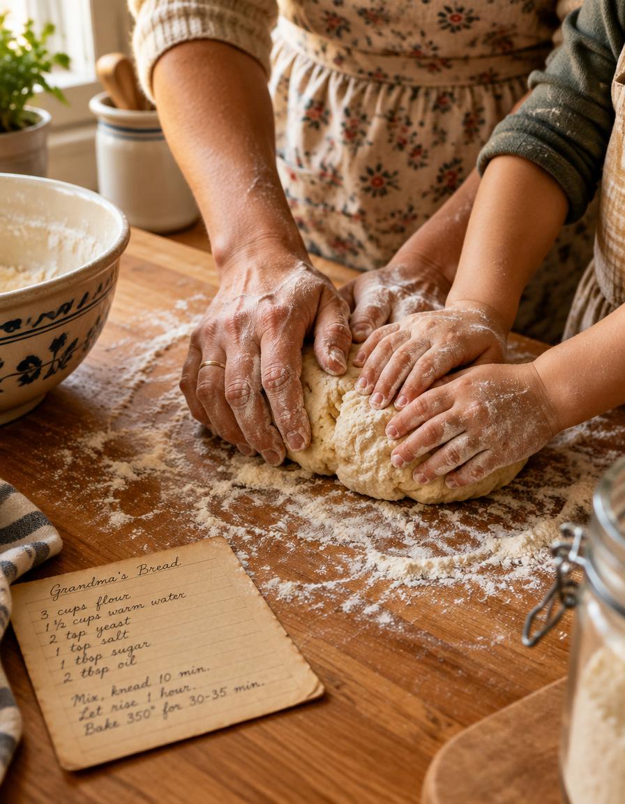 Flour-dusted hands of a mother and child kneading dough together