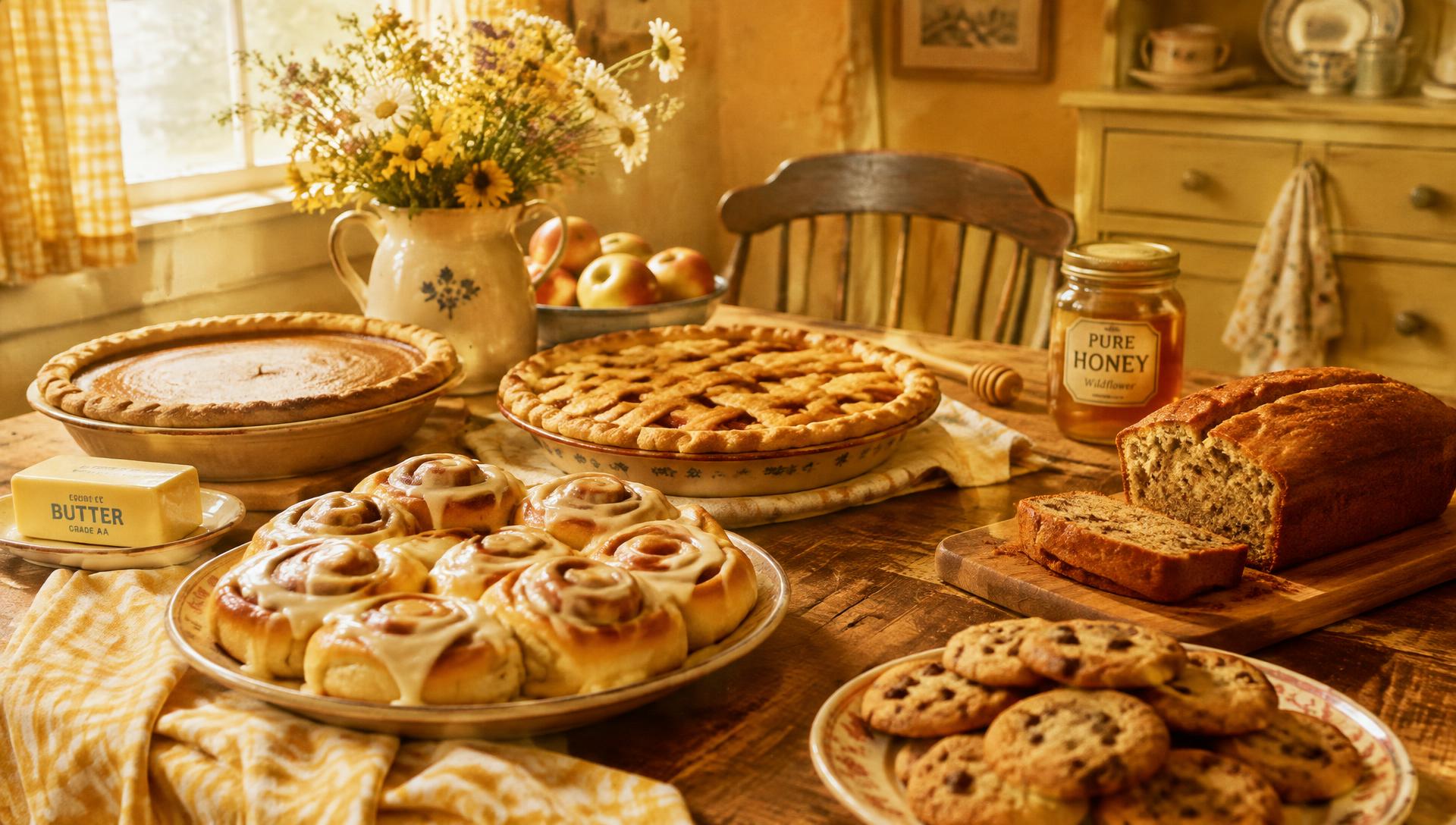 Homemade cinnamon rolls, pies, cookies and banana bread on a vintage kitchen table