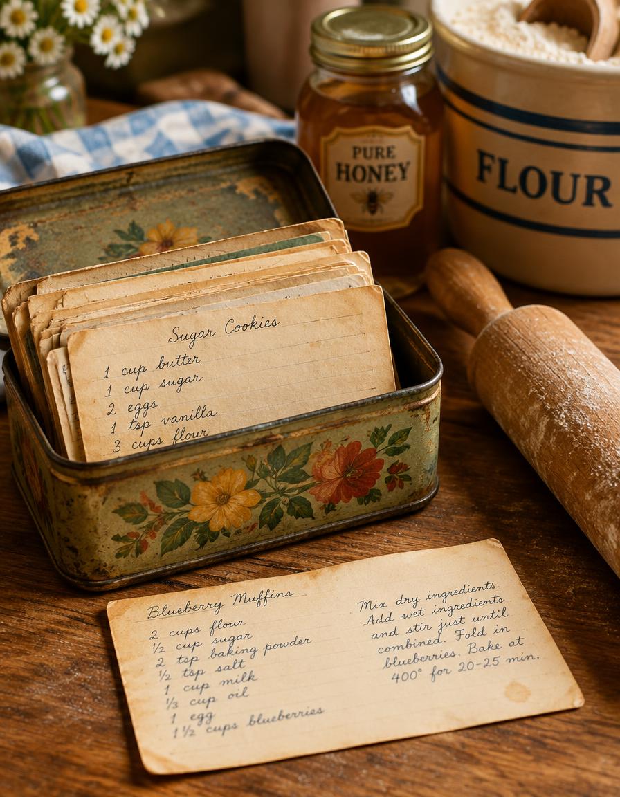 Handwritten family recipe cards in a vintage tin